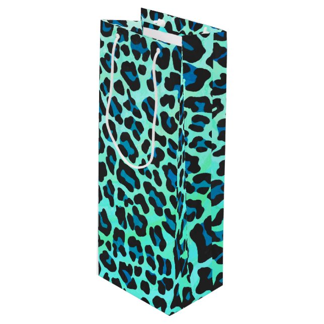Leopard Black and Teal Print Wine Gift Bag (Front Angled)