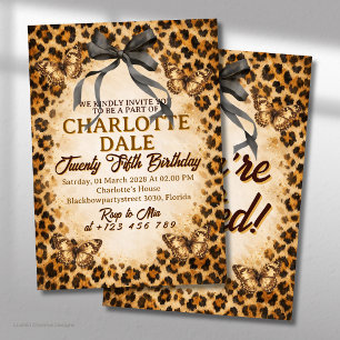 Leopard Black Bow Ribbon With Butterflies Birthday Invitation