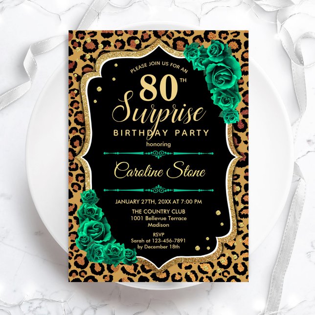 Leopard Black Gold Green Surprise 80th Birthday Invitation (Creator Uploaded)