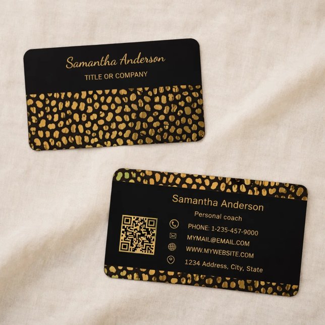 Leopard Black Gold Print QR Code luxury Business Card (Creator Uploaded)