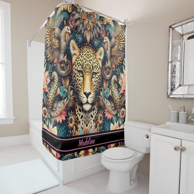 Leopard Bliss: Rest Among Tropical Birds Shower Curtain (In Situ)