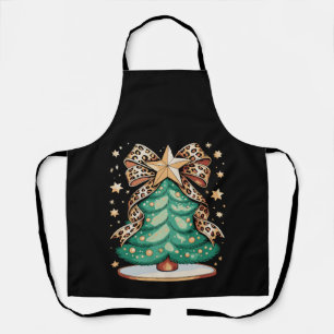 Leopard Bow Christmas Tree Glam Holiday Xmas Apron