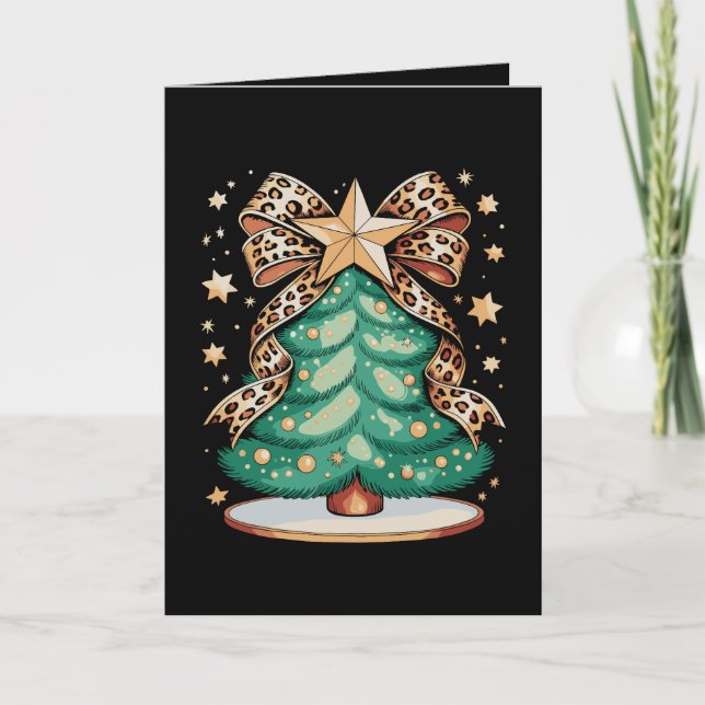 Leopard Bow Christmas Tree Glam Holiday Xmas Card (Front)