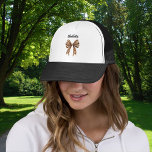Leopard bow name trucker hat<br><div class="desc">Decorated with a bow with leopard print. Personalise and add your name. Black text.</div>