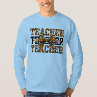 Leopard Bow Teacher School Pencil Cute Classroom T-Shirt