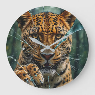 Leopard breaking through large clock