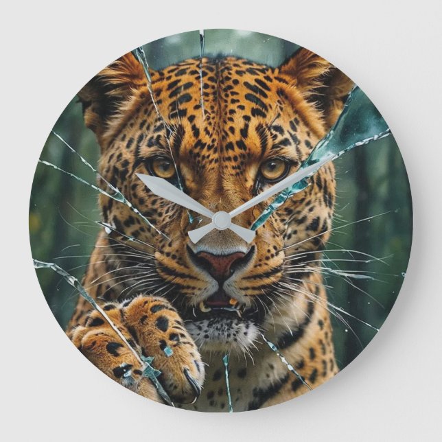 Leopard breaking through  large clock (Front)