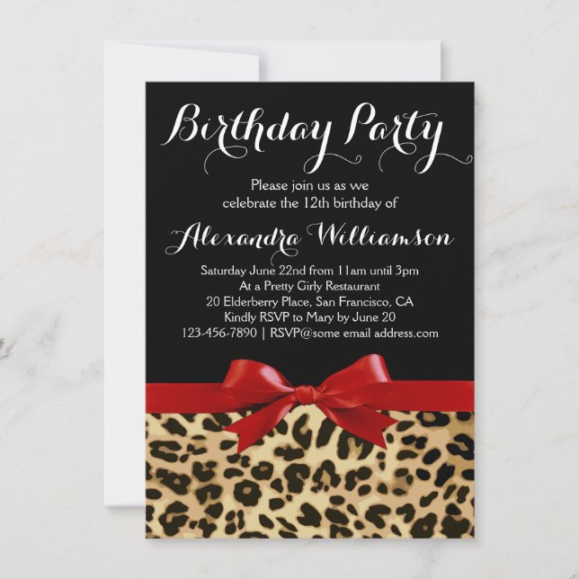 Leopard Bright Red Bow Girl's Birthday Party Invitation (Front)