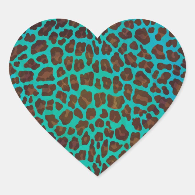Leopard Brown and Teal Print Heart Sticker (Front)