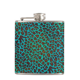 Leopard Brown and Teal Print Hip Flask