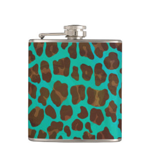 Leopard Brown and Teal Print Hip Flask