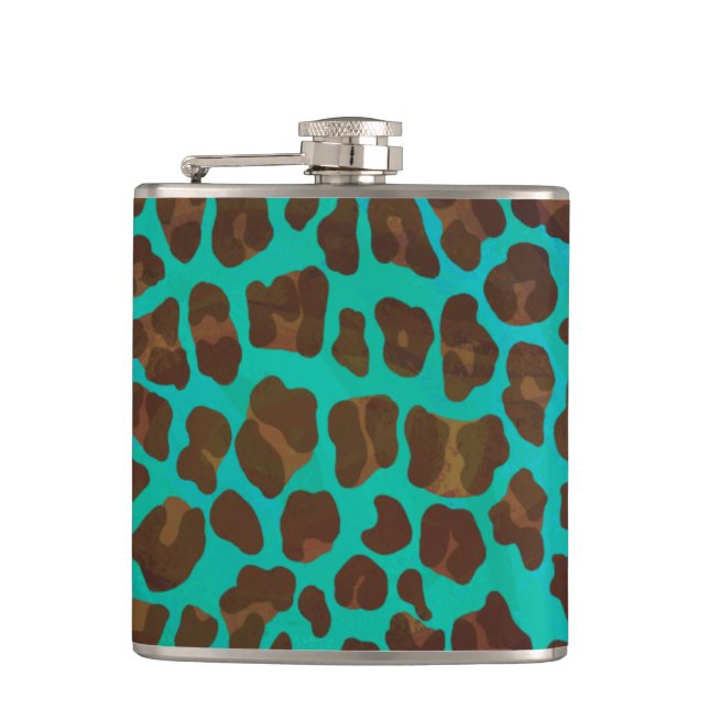 Leopard Brown and Teal Print Hip Flask (Front)