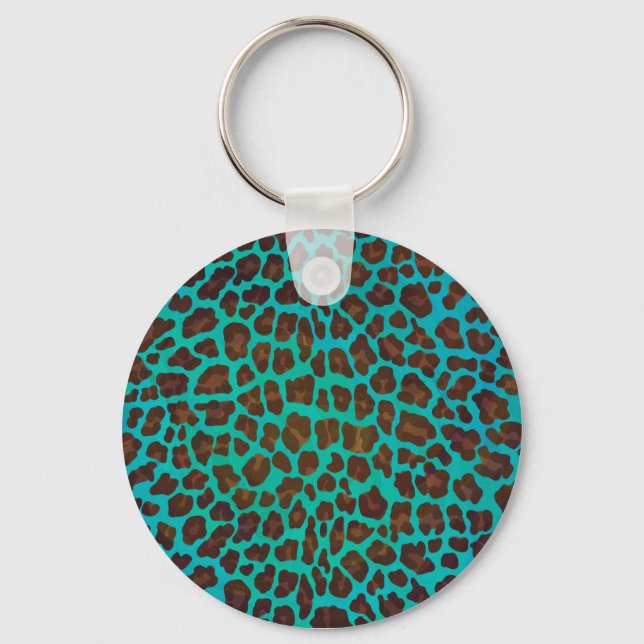 Leopard Brown and Teal Print Key Ring (Front)