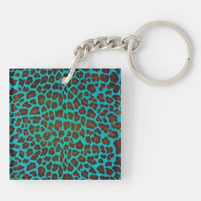 Leopard Brown and Teal Print Key Ring (Back)