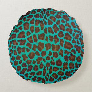 Leopard Brown and Teal Print Round Cushion