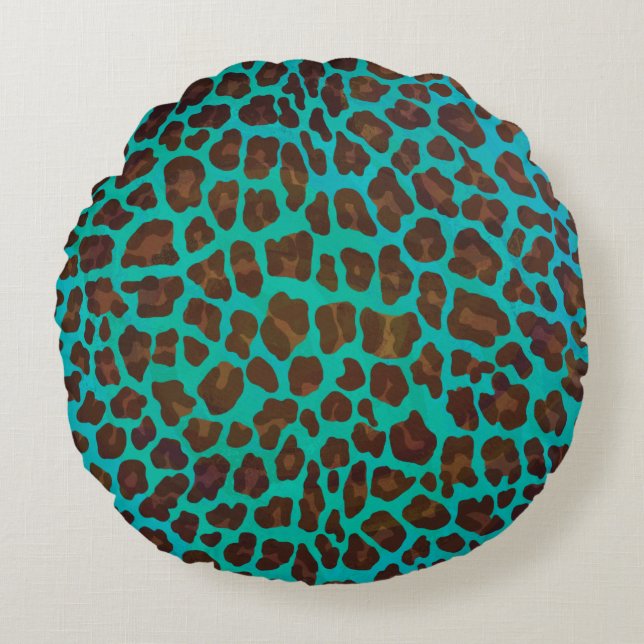 Leopard Brown and Teal Print Round Cushion (Front)