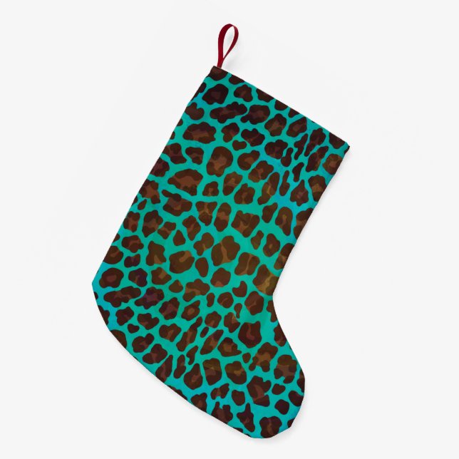 Leopard Brown and Teal Print Small Christmas Stocking (Front (Hanging))