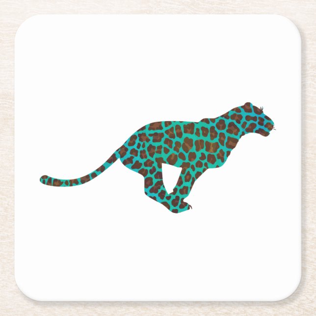 Leopard Brown and Teal Print Square Paper Coaster (Front)