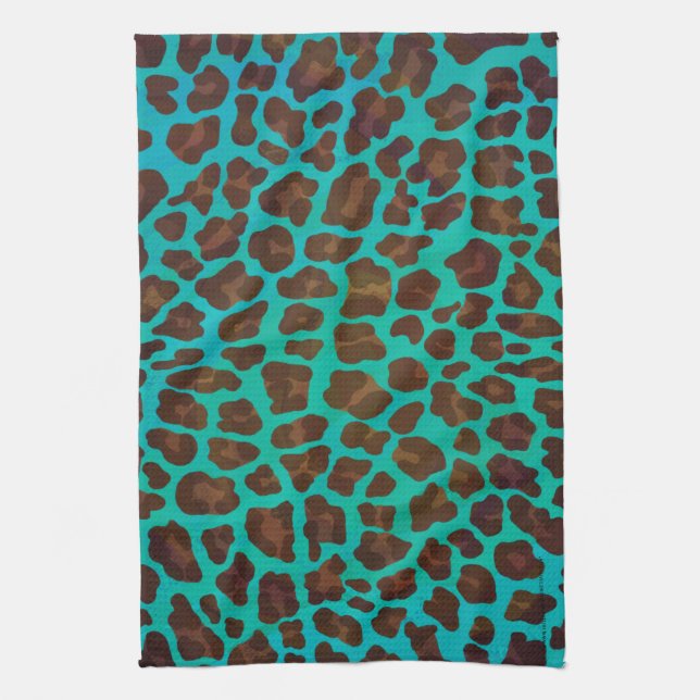 Leopard Brown and Teal Print Tea Towel (Vertical)