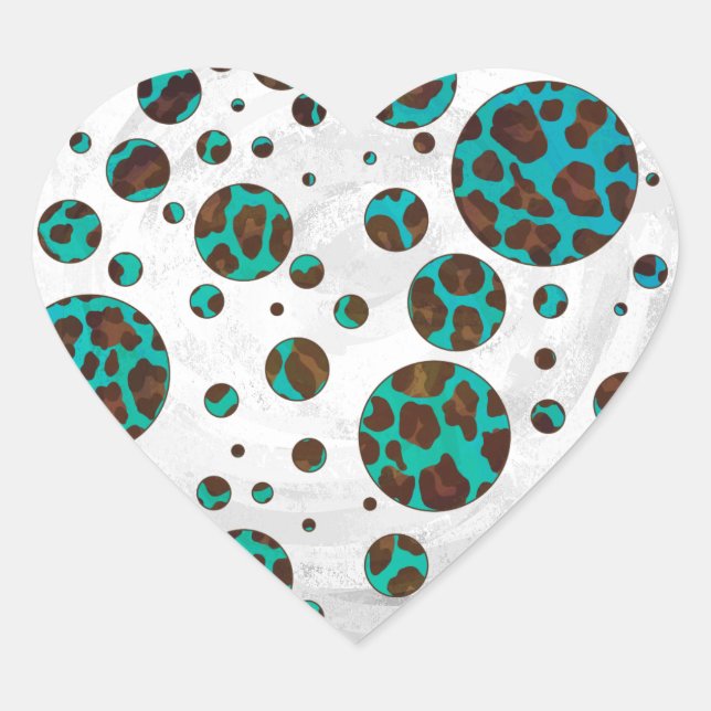 Leopard Brown and Teal PrintPolka Dots Heart Sticker (Front)
