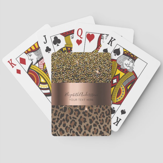 Leopard brown black confetti glam name text playing cards (Back)