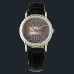 Leopard brown black pattern name watch<br><div class="desc">Elegant,  cool,  glamorous and feminine with brown,  golden and black leopard pattern,  decorated with golden confetti. Template for your name. A faux bronze metallic looking band. Black letters.</div>