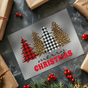Leopard Buffalo Plaid Christmas Tree Silver  Card