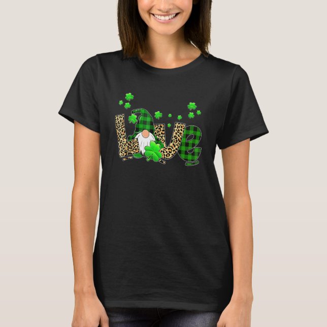 Leopard Buffalo Plaid Love St Patricks Day Gnomes  T-Shirt (Front)