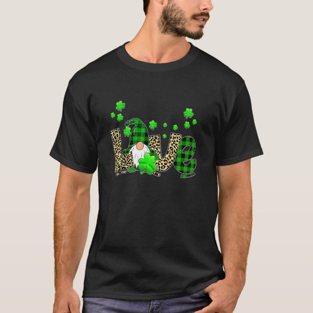 Leopard Buffalo Plaid Love St Patricks Day Gnomes  T-Shirt (Front)