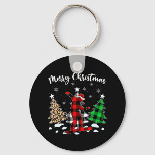 Leopard Buffalo Plaid Snowboarding Player Christma Key Ring