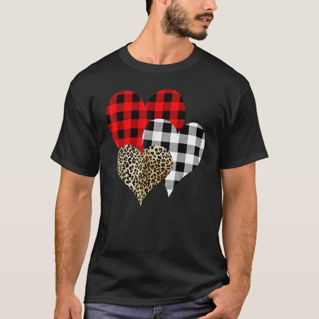 Leopard Buffalo Red Black Plaid Heart Funny Valent T-Shirt (Front)
