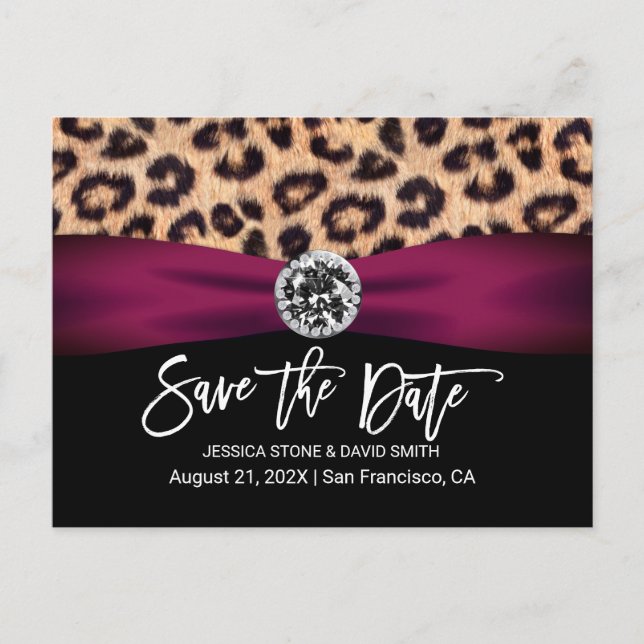 Leopard Burgundy Ribbon Elegant Wedding Announcement Postcard (Front)