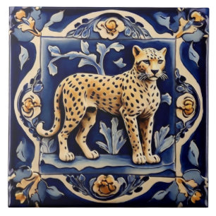 Leopard Cheetah African Safari Animals Navy Blue Ceramic Tile