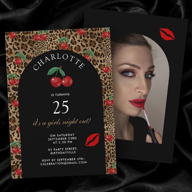 Leopard Cheetah Animal Print Cherry Birthday Photo Invitation (Leopard Cheetah Animal Print Cherry Birthday Photo Invitation)