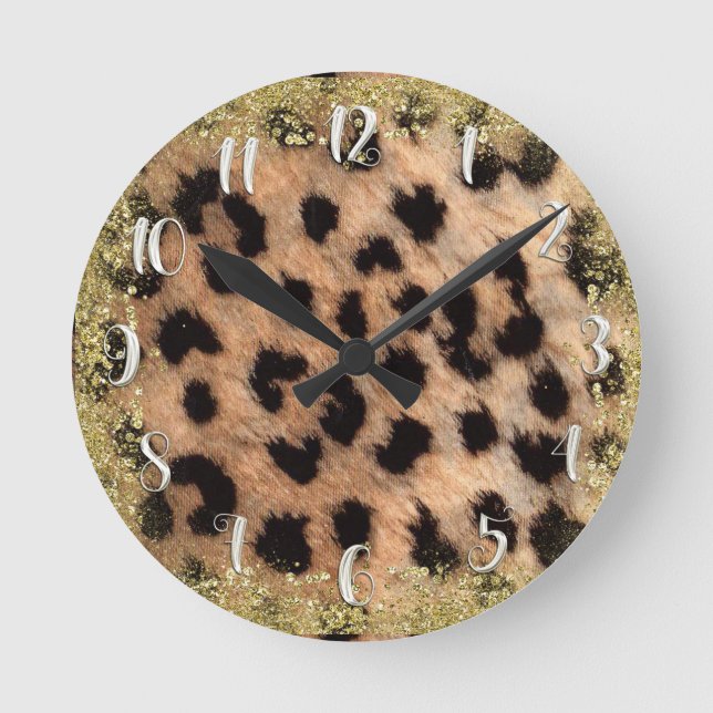 Leopard Cheetah Animal Print Gold Glitter Modern Round Clock (Front)