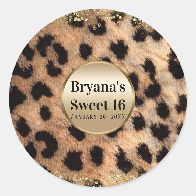 Leopard Cheetah Animal Print Gold Glitter Monogram Classic Round Sticker (Front)