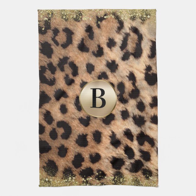 Leopard Cheetah Animal Print Gold Glitter Monogram Tea Towel (Vertical)