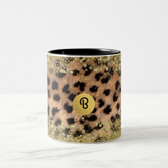 Leopard Cheetah Animal Print Gold Glitter Monogram Two-Tone Coffee Mug (Center)