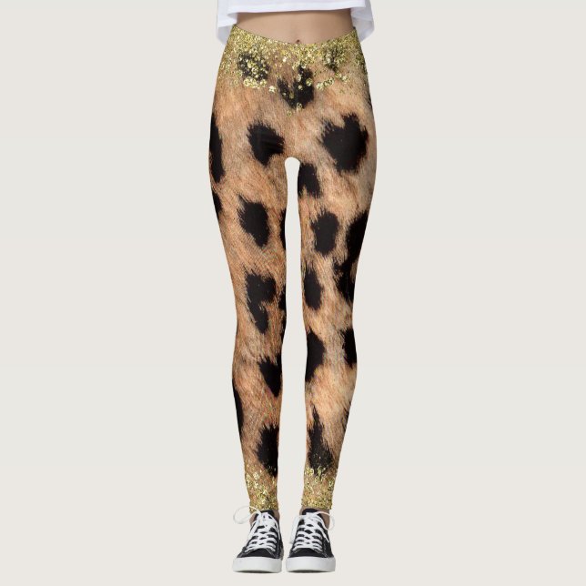 Leopard Cheetah Animal Print Gold Glitter Trendy Leggings (Front)