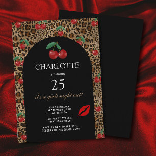Leopard Cheetah Animal Print Red Cherry Birthday Invitation