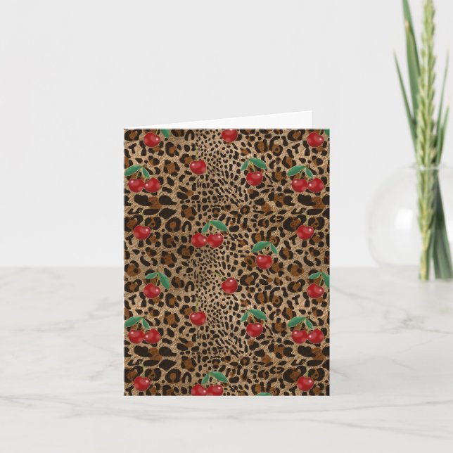 Leopard Cheetah Animal Print Red Cherry Pattern Card (Front)