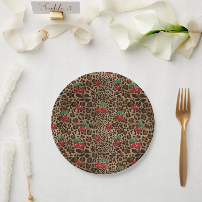 Leopard Cheetah Animal Print Red Cherry Pattern Paper Plate (Wedding)