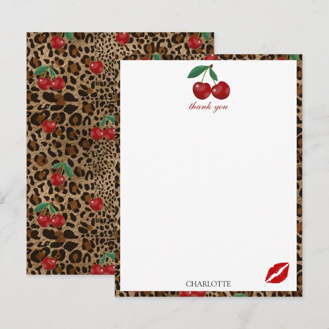 Leopard Cheetah Animal Print Red Cherry Pattern Thank You Card (Front/Back)