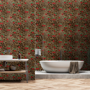 Leopard Cheetah Animal Print Red Cherry Pattern Wallpaper