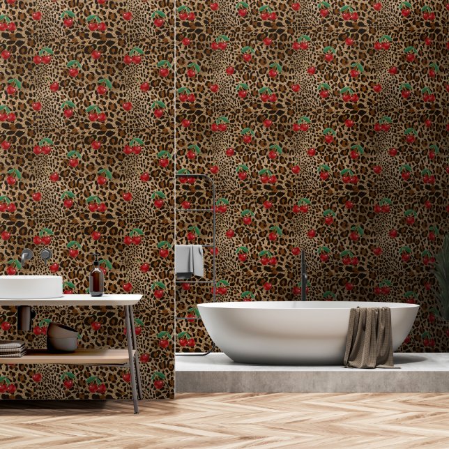 Leopard Cheetah Animal Print Red Cherry Pattern Wallpaper (Bathroom)
