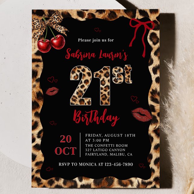 Leopard Cheetah Cherry 21st Birthday Invitation (Creator Uploaded)