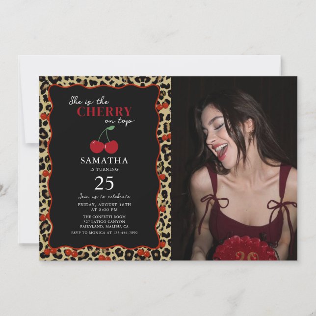 Leopard Cheetah Cherry On Top Birthday Photo Invitation (Front)