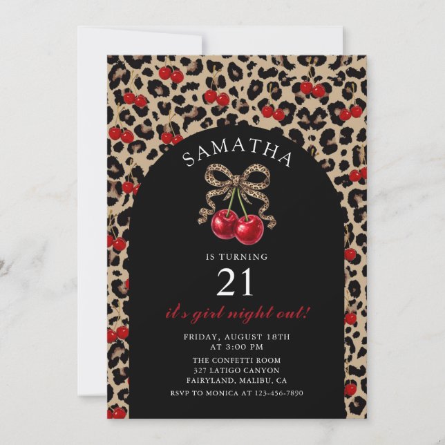 Leopard Cheetah Coquette Cherry Birthday Invitation (Front)