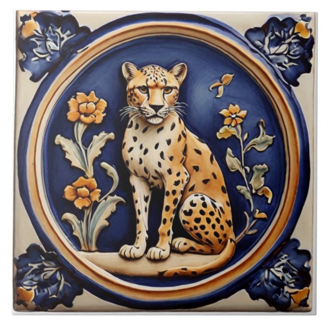 Leopard Cheetah & Flowers Dark Blue Antique Ceramic Tile (Front)