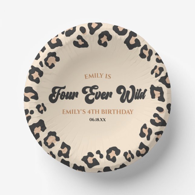 Leopard Cheetah Four Ever Wild 4th Birthday Party Paper Plate (Front)